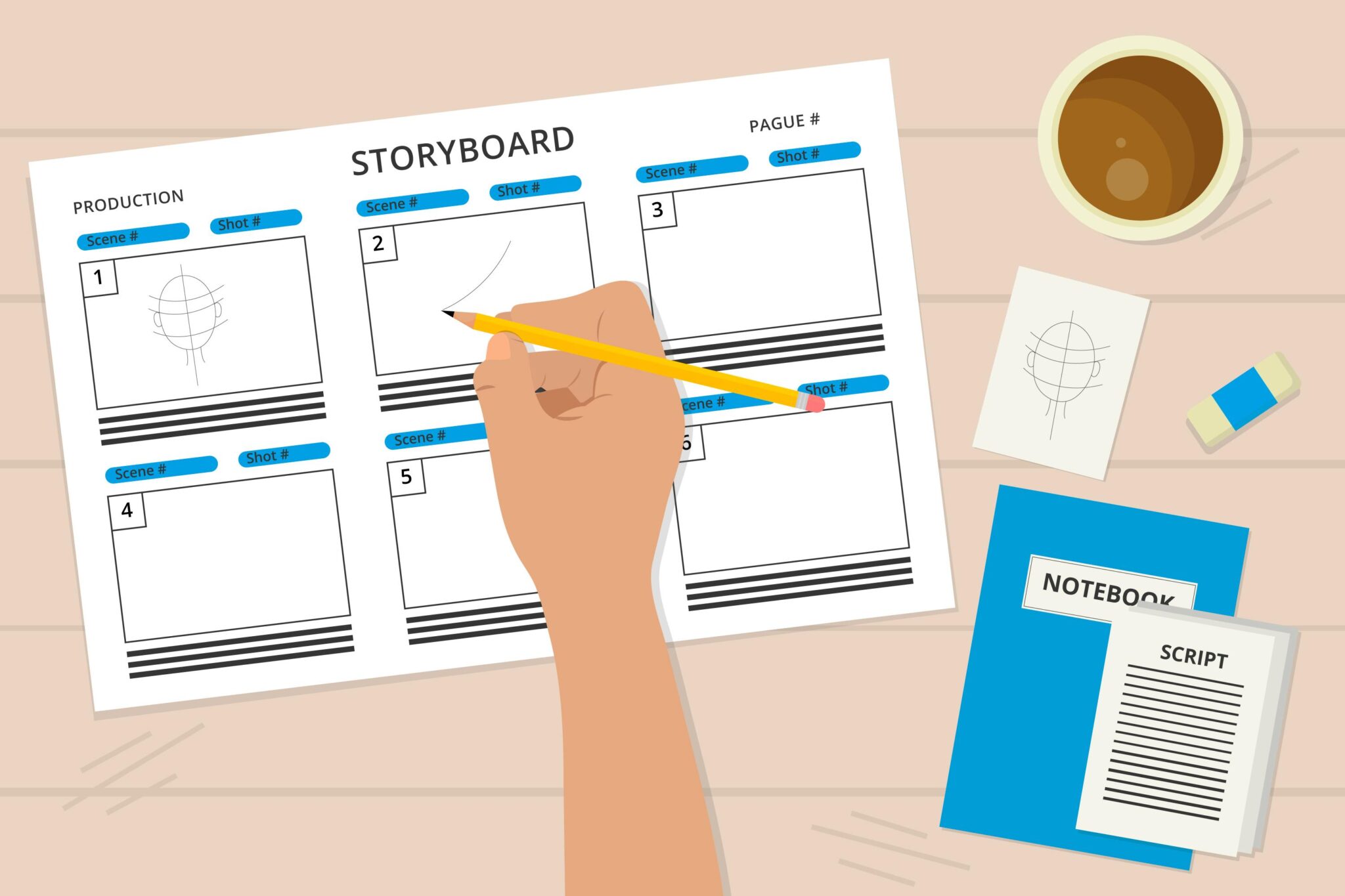 A storyboard with illustrations depicting a visual representation of a story. The storyboard includes several panels, each containing a different illustration representing a scene or concept related to the eLearning content being presented