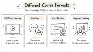 Different online course formats including self-paced learning, coaching, certification, and corporate training